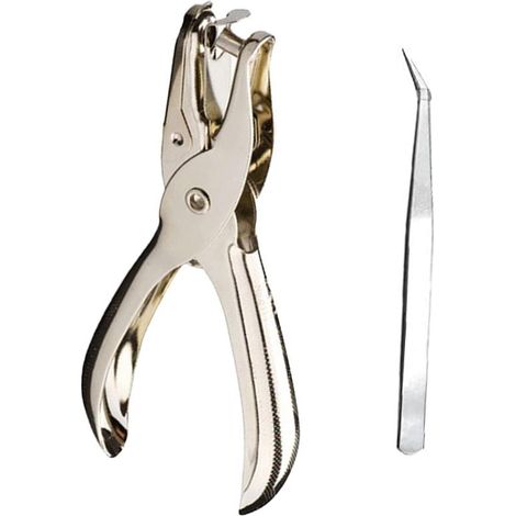 1 kit de matériel pour créer des marque-pages soi-même, comprenant une perforatrice et une pince à épiler.
