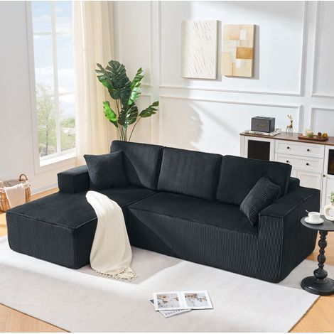 Divano angolare modulare in velluto a coste (panno) nero con chaise longue e 2 cuscini (1/5)