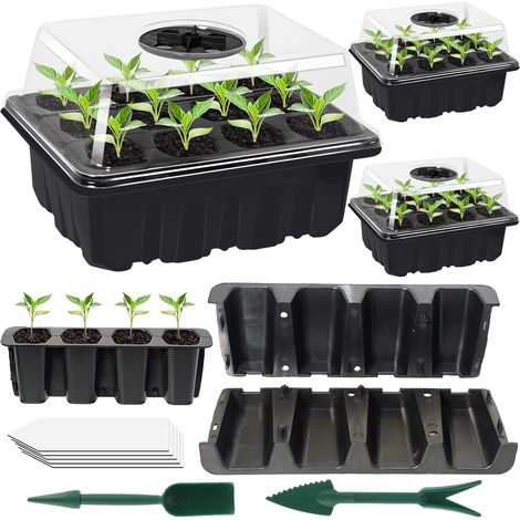 Mini-serres de semis 3 pièces avec couvercles et aérations, bacs de culture pour germination des graines et jeunes plants (1/5)