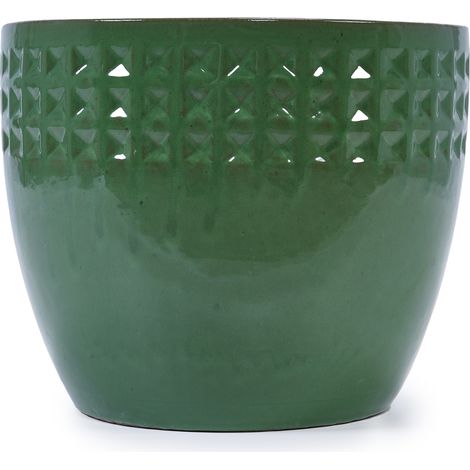 Set aus 3 handgefertigten Keramik-Blumentöpfen, glänzend grün mit Rautenmuster, Drainage (1/5)