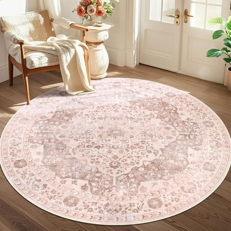 Tapis rond vintage pour salon - Style bohème - Lavable - Antidérapant - Doux - Poils courts - Pour chambre d'enfant, cuisine, bureau, salle à manger - Rose - 120 cm (1/5)