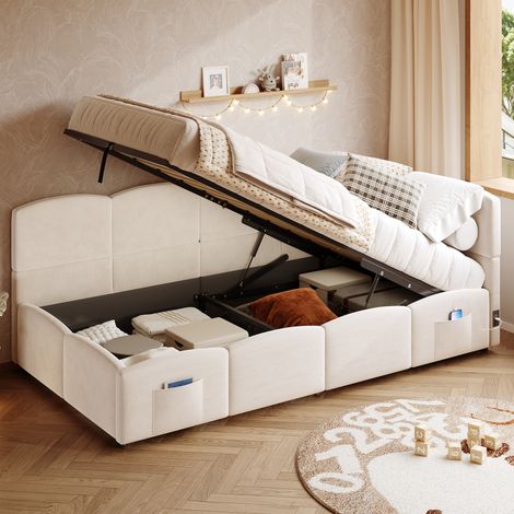 Bett Einzelbett Stauraum 90x190 Samt Beige OKMYHOME