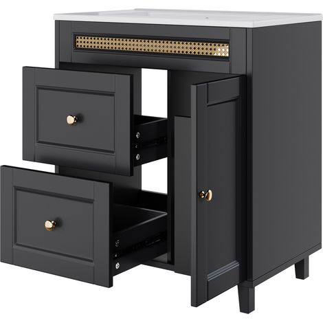 Mobile bagno con lavabo in ceramica 76x46x86,5 cm nero MDF e rattan HOMVRA (1/5)