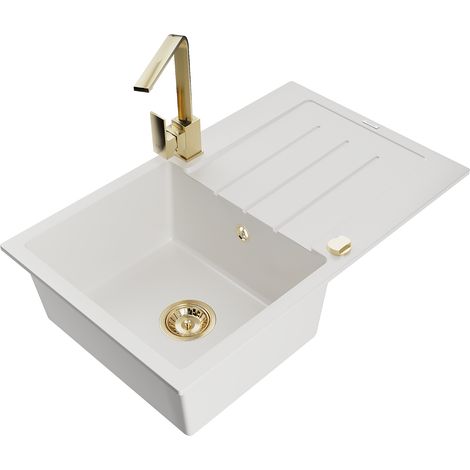 Mexen Bruno lavello in granito a 1 vasca con scolapiatti e miscelatore cucina Rita, bianco - 6513-20-670300-50 (1/5)