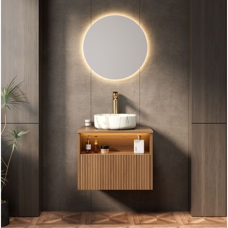 Mueble de baño suspendido 60 cm con lavabo cerámico blanco, roble marrón y LED, premontado OKWISH (1/5)