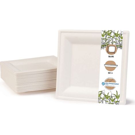 Vaisselle jetable en bagasse écologique - 50 assiettes carrées blanchies 16 x 16 cm - Assiettes jetables de fête (1/5)