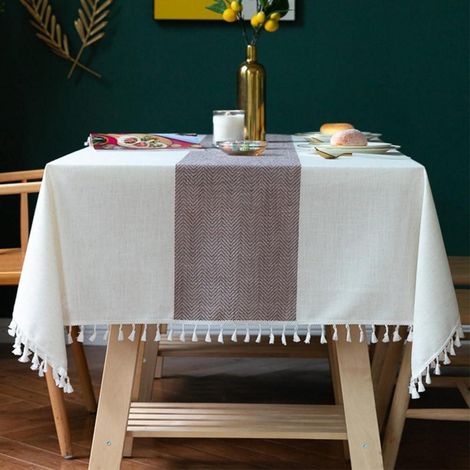 Nappe lavable lin-coton 140x140cm rayée avec pompons blanc/brun