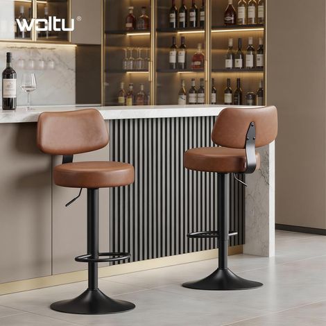 WOLTU Juego de 2 taburetes de bar, modernos, con asiento cómodo de piel sintética y metal, ideales para isla de cocina o barra, color marrón retro. (1/5)