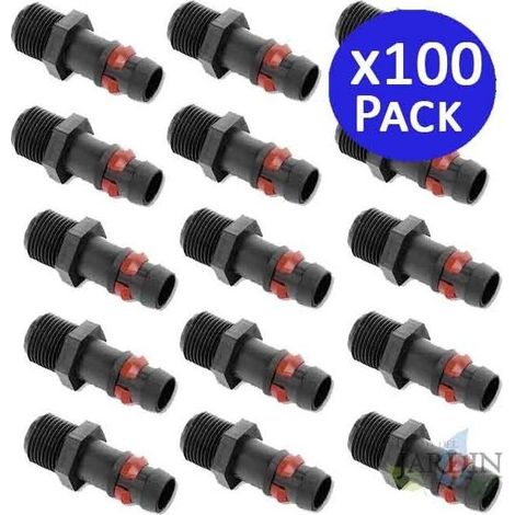 Lot de 100 Embout cannelé 16mm x 1/2''male pour arrosage goutte à goutte, anneau de sécurité