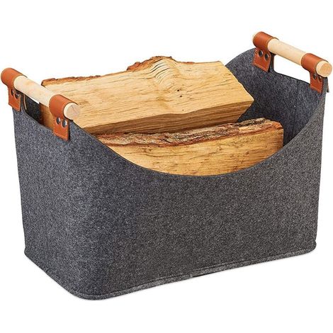 Panier À Bois - Feltre Polyester Et Poignées En Bois - Pliable - Pour Transport Et Stockage De Bois De Chauffage - 45 X 32 X 40 Cm - Noir - 1 Pièce (1/5)