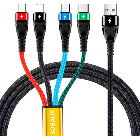 3A Câble de Charge Multi Chargeurs 4 en 1, 1.2M Tressé Câble USB Universel avec Connecteurs 2iP/Micro USB/Type C, pour Phone, Galaxy, LG, Moto, Sony, View, PS5, Kindle (1/5)