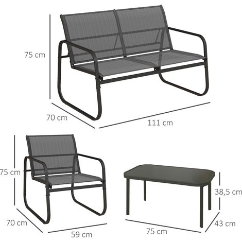 Ensemble de mobilier de jardin 4 pièces en maille noire - 1 canapé 2 places, 2 chaises et 1 table basse mobilier de balcon pour terrasse et jardin