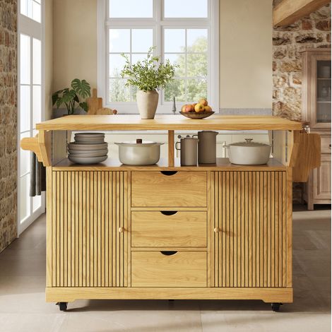 Carro de cocina con extensiones, 95 cm, 3 cajones, ruedas con freno, marrón DESVIAE (1/5)