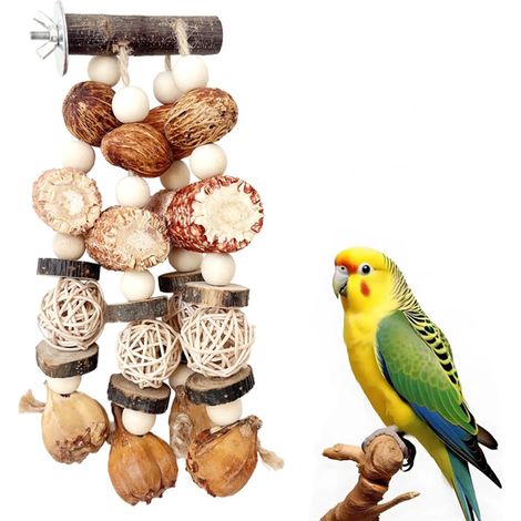 Jouets à mâcher pour perroquets, jouets à mâcher pour oiseaux avec noix naturelle, cage à suspendre en forme d'épis de maïs, calopsittes en bois pour perroquet, gris, amazone, mini aras, grand (1/4)
