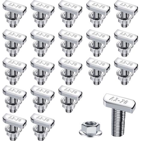 20 Pièces Vis à Tête Marteau M10x25mm, Vis en T en Acier Inoxydable et Ecrous à Bride M10 pour Rails de Montage Solaires PV, Vis de serre (10 mm) (1/5)