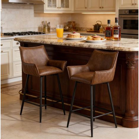 Tabouret de bar vintage avec accoudoirs et dossier, marron, lot de 2 HAVRYA (1/5)