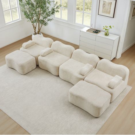 Divano modulare a U 4 posti in velluto beige con 2 pouf, design ondulato senza telaio (1/5)