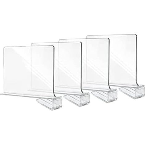 Ensemble de 4 séparateurs d’étagères en acrylique transparent, 28 x 3,5 x 20,5 cm, organiseurs de placard et bibliothèque, rangement pratique pour vêtements, livres et accessoires (1/5)