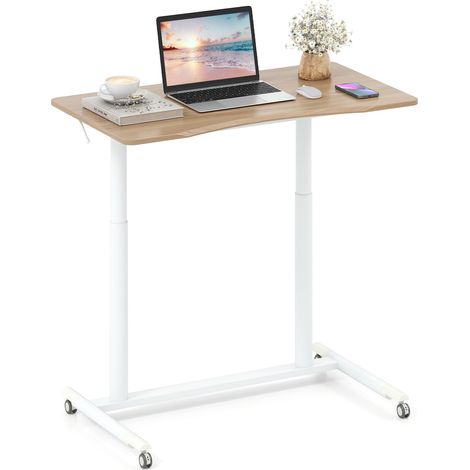 COSTWAY Scrivania Regolabile in Altezza a Forma di C, Scrivania con Ruote Bloccabili e Struttura in Metallo, Tvolo Portatile per Laptop e per Spazi Ridotti (Naturale) (1/5)