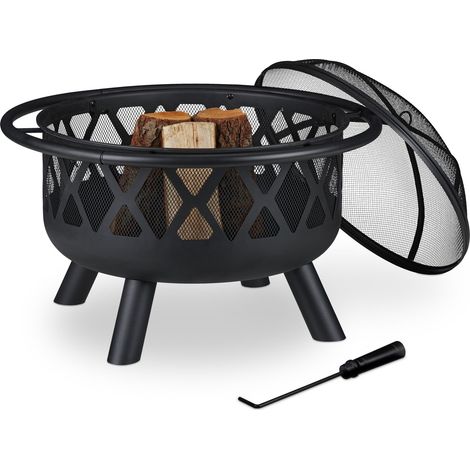 Relaxdays Braciere con Protezione Parascintille, D:75 cm, Giardino & Terrazza con Attizzatoio, Camino da Esterno, Nero
