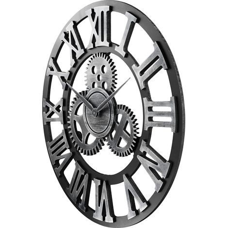Kaelt - Horloge Murale Engrenages Argentée Geante Bois Industrielle 58cm Pendule Murale Quartz Chiffres Romains Silencieuse pour Salon Bar Restaurant (1/5)