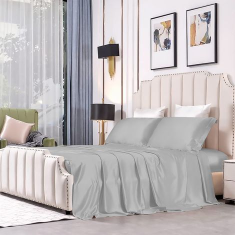 Completo Letto Set Lenzuola 100% Raso Di Cotone Set Lenzuolo Sopra Sotto Matrimoniale Federe Due Piazze Lucido Grigio (1/5)