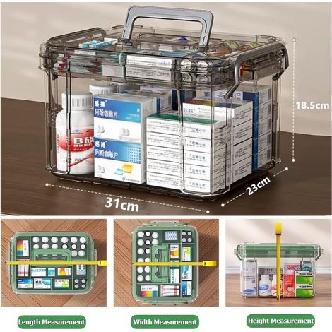 Boîte à Médicaments,Boite Rangement Medicament 2 Couches, boîte à Pharmacie en Plastique Transparent Visible avec poignées,Rangement de la boîte à médicaments à la Maison