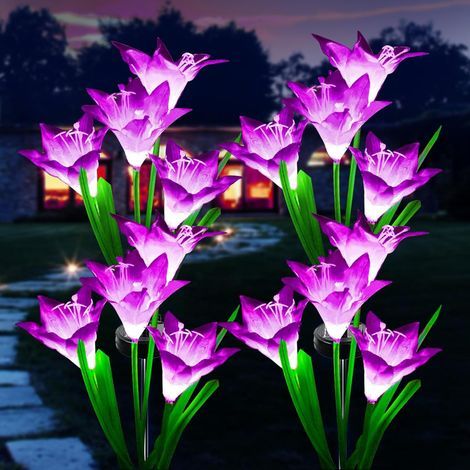 Luces solares para exteriores, juego de 4 luces LED solares con forma de flor de lirio con 7 colores cambiantes - para jardín, patio, terraza, entrada de vehículos, fiestas, bodas y cercas - Morado (1/5)