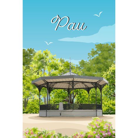 Tableau sur toile illustration kiosque jardin Pau 30x45 cm - Impression sur Toile Murale Décorative - Image imprimée en HD sur Toile - Toile sur Châssis en Bois FSC - Fabriqué en France