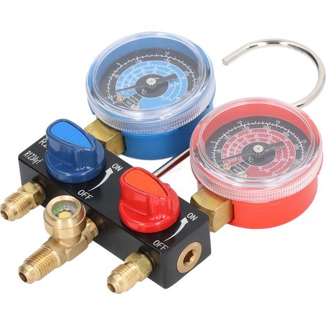 Manomètre miniature pour climatisation automobile avec adaptateur pour fluides frigorigènes R22, R134a et R1234yf, avec tuyaux. (1/5)