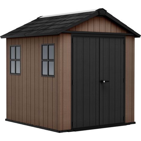 Newton + 757/775 - Abri de jardin 223x246x230 cm à 2 portes pour rangement d’outils, finition effet bois Evotech+ en résine marron et noire (1/5)