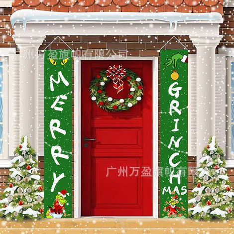 2 pieces of Christmas distichs, outdoor decorations, outdoor flags, strange green fur hanging fabric, festive atmosphere decoration hanging flag 180 cm x 30 cm polyester fabric (1/5)