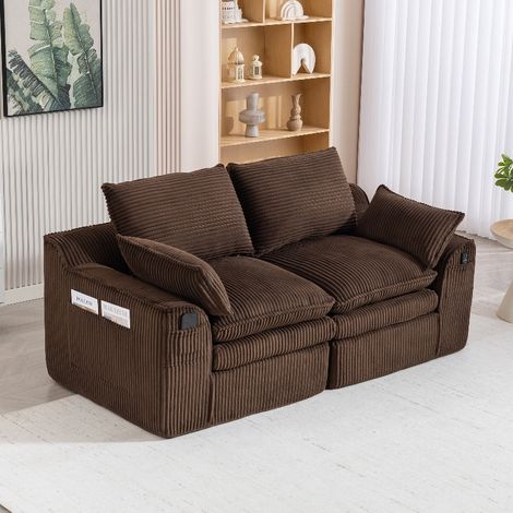 2-Sitzer Cordsofa Braun mit Federkern und Seitentaschen, Modulares Sofa ohne Montage, 191x94x85 cm, Couch mit Kissen für Wohnzimmer (1/5)