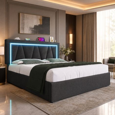 Bett 140x200 cm grau aus Leinen mit LED-Beleuchtung, USB- und Typ-C-Ladestation, Stauraum und verstellbarem Kopfteil (1/5)