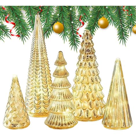 Alberi di Natale illuminati in vetro al mercurio da 5 pezzi, piccole decorazioni per la casa in vetro a LED, albero di Natale artificiale con luci, decorazioni argentate (1/5)