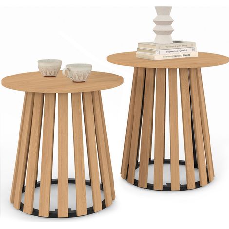 Set di 2 tavolini rotondi, tavolini da salotto, comodini CARMEN 40/45 cm con base in listelli di legno e piano in legno (1/5)