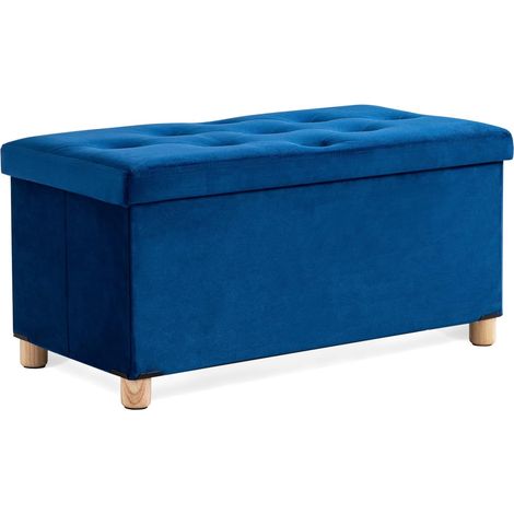 Pouf Rangement Pliable, Banc de Rangement avec Couvercle, Tabouret Coffre en Velours Repose-Pieds pour Salon Chambre Entrée, 76 x 38 x 38 cm, Bleu (1/5)