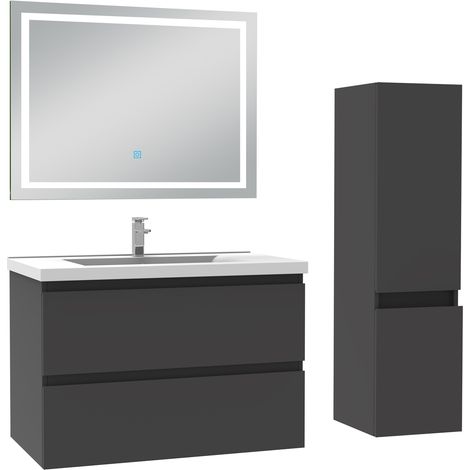 Aica Ensemble meuble Salle de Bain 80cm simple vasque avec Colonne et Miroir LED 3 Couleurs Anthracite