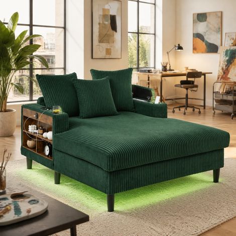 Chaise longue con almacenaje y LED de pana verde OKMYHOME (1/5)