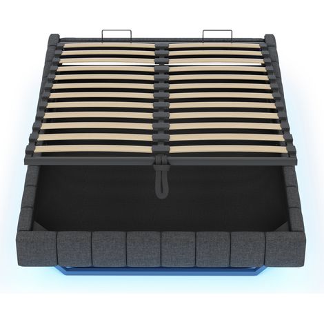 Lit coffre capitonné 140x200 cm gris avec LED, cadre flottant hydraulique sans tête de lit (1/5)