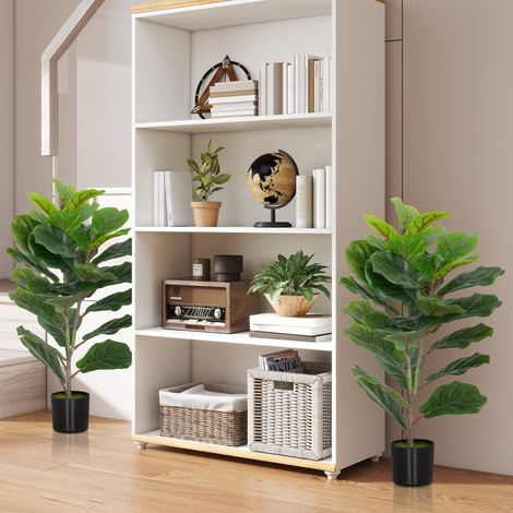 Lot de 2 arbres artificiels figuiers d'intérieur 80 cm, plantes vertes floquées avec cache-pot en plastique. (1/5)