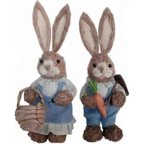 Lot de 2 adorables lapins en paille, décorations de Pâques pour la maison et le jardin - 16 (1/5)