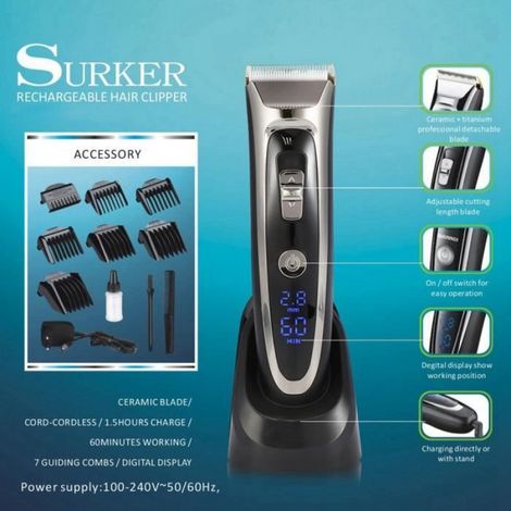Surker Tondeuse Cheveux Professionnelle Tondeuse Barbe Electrique pour enfants adults EU Plug Noir-CHE
