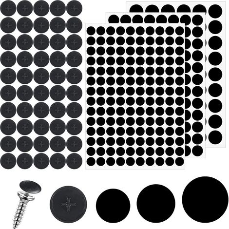 Lot de 290 cache-vis autocollants noirs 12/15/21 mm + 50 capuchons ronds pour vis - Trou de vis autocollant pour bureaux, armoires murales, meubles (1/5)