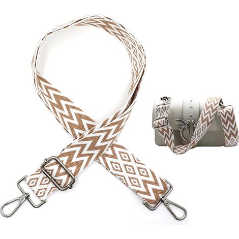 Bandoulière style bohème, largeur 3,8 cm, réglable de 80 à 141 cm, avec mousquetons, pour sacs à bandoulière, sacs à main, marron et blanc