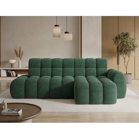 Ecksofa mit Schlaffunktion BULLA 3-Sitzer grün rechter Winkel – Schlingenstoff mit elektrischer Sitzverlängerung
