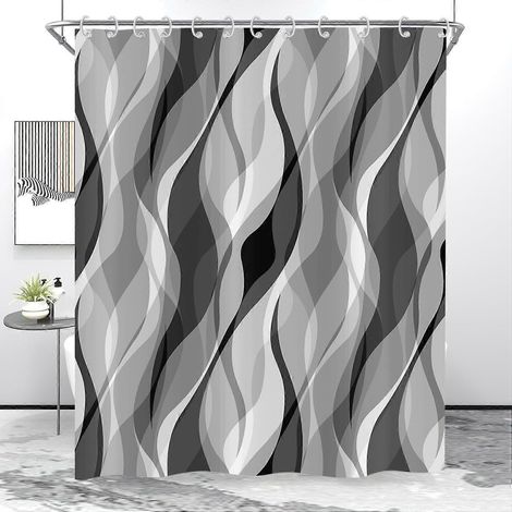 Rideau de douche gris 180x200, rideau de bain moderne à rayures noires et grises abstraites, en polyester imperméable et lavable, avec crochets, pour salle de bain (1/5)