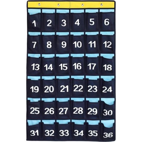 Organiseur de classe à pochettes numérotées, à suspendre à une porte, pour téléphones portables et calculatrices (bleu). (1/5)