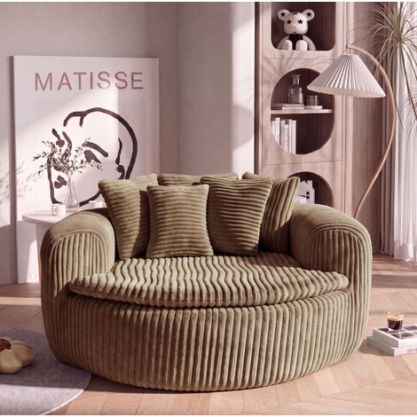 Fauteuil lounge en velours côtelé camel avec 5 coussins, assise profonde 145x133x59 cm OKWISH (1/5)