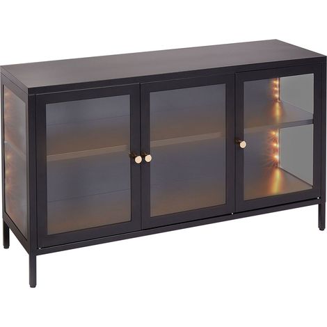 Credenza moderna in acciaio con vetro temperato a 3 ante con ripiani regolabili Nero Newport